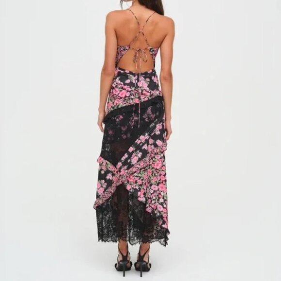 $315 NEW For Love and Lemons Rosalyn Maxi Dress in Black and Pink - Picture 4 of 5